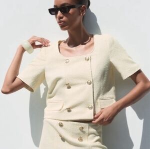 ZARA Short-Sleeve Doubled-Breasted Textured Jacket-Blazer Yellow Small